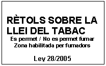 Cuadro de texto: RÈTOLS SOBRE LA LLEI DEL TABAC  Es permet /  No es permet fumar  Zona habilitada per fumadors    Ley 28/2005    